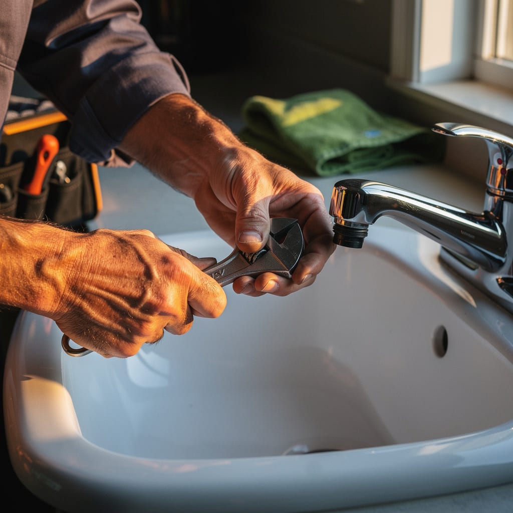 A maintenance technician's hands fit a new faucet cartridge into a kitchen tap in a tenant's apartment.