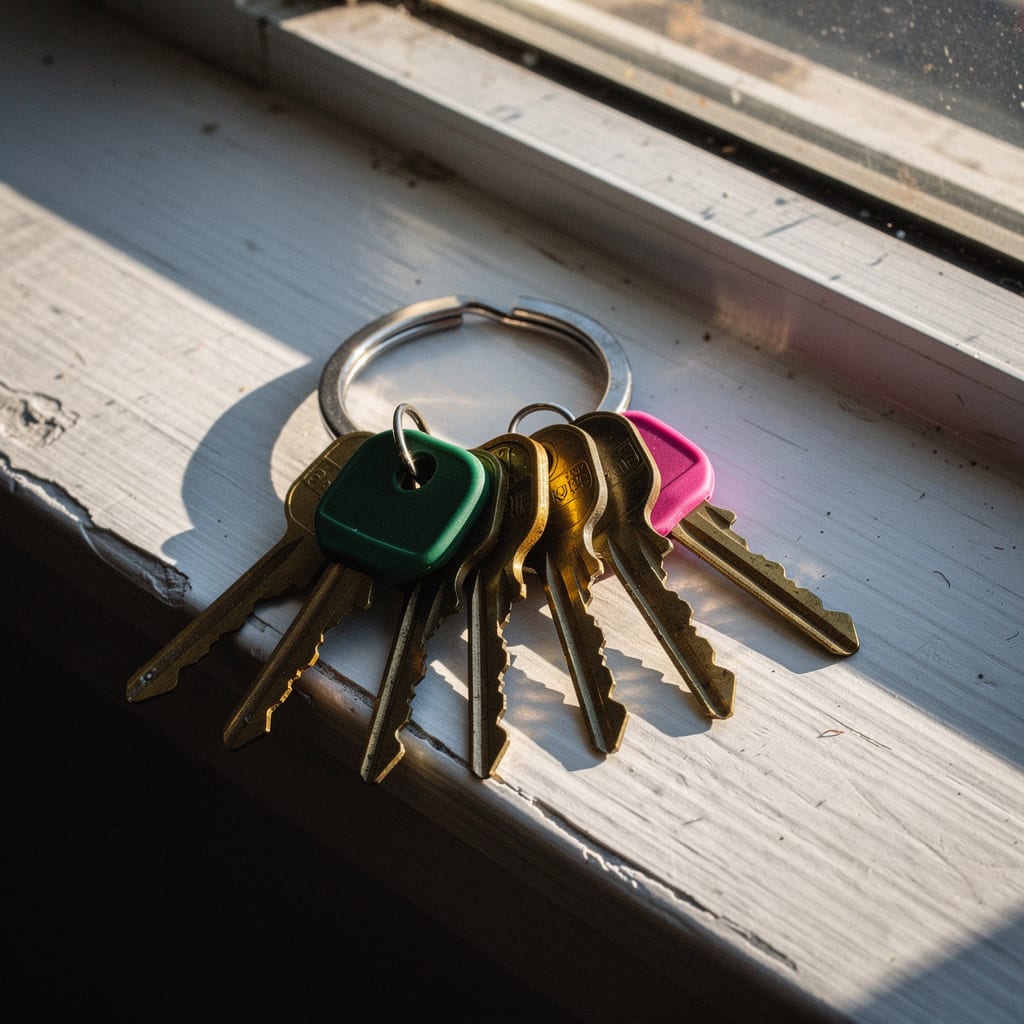 A ring of brass apartment keys with green and magenta rubber caps rests on a white windowsill.