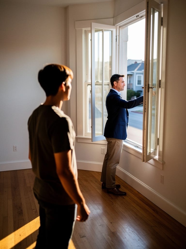 A leasing agent shows a renter a bright, empty apartment living room with tall bay windows.