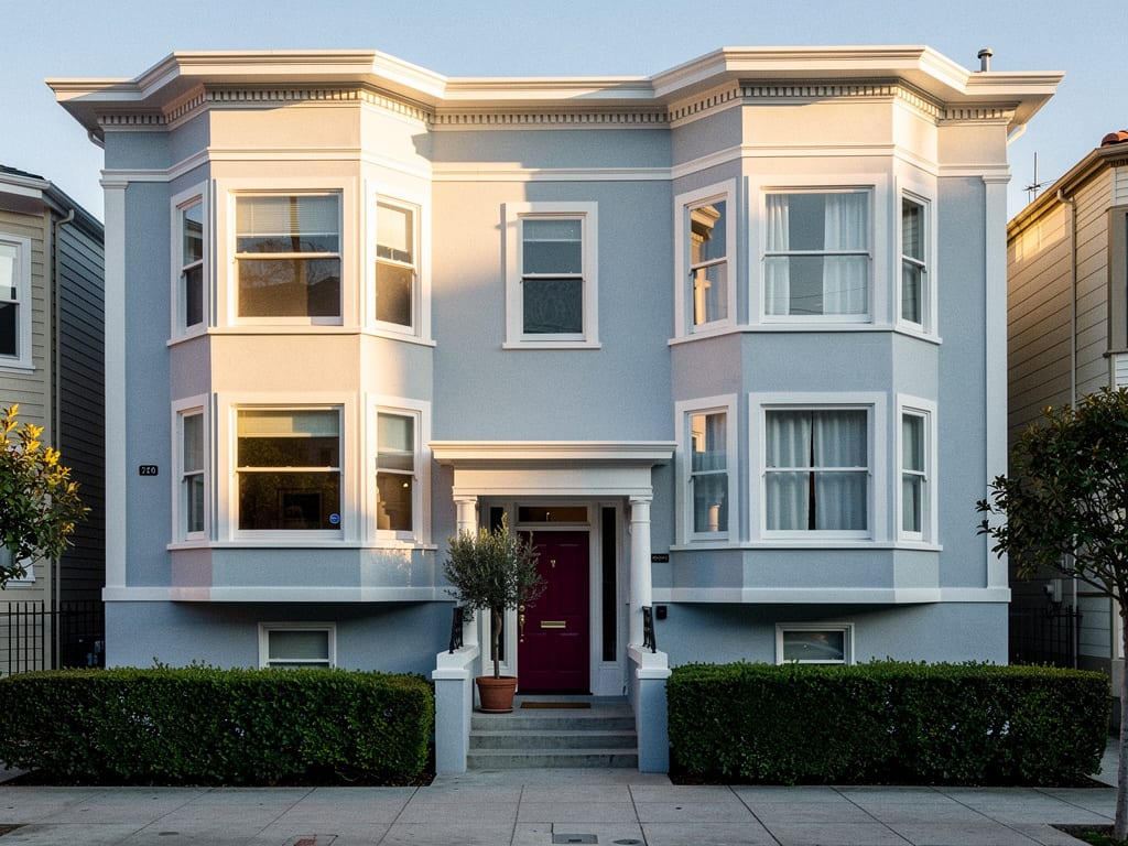 A three-storey Edwardian apartment building with white bay windows and a deep magenta front door, lit by late sun.